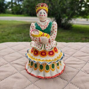 Handmade Signed Russian Dymkovo Style Clay Pottery Mother w Baby Figurine